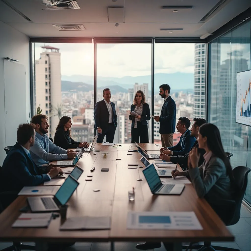Equipo de FinConsult Colombia en una sesión de planificación estratégica con vista a la ciudad de Bogotá.